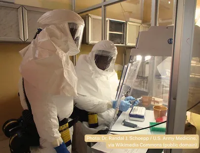 A technician sets up an assay for Ebola within a containment laboratory. Samples are handled in negative-pressure biological safety cabinets to provide an additional layer of protection. Photo by Dr. Randal J. Schoepp